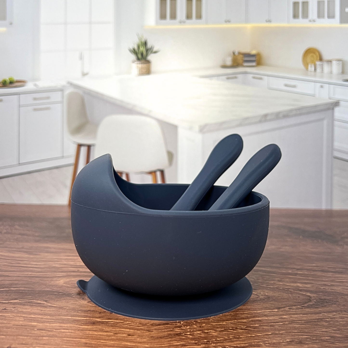 Blue bowl set on a wooden table.