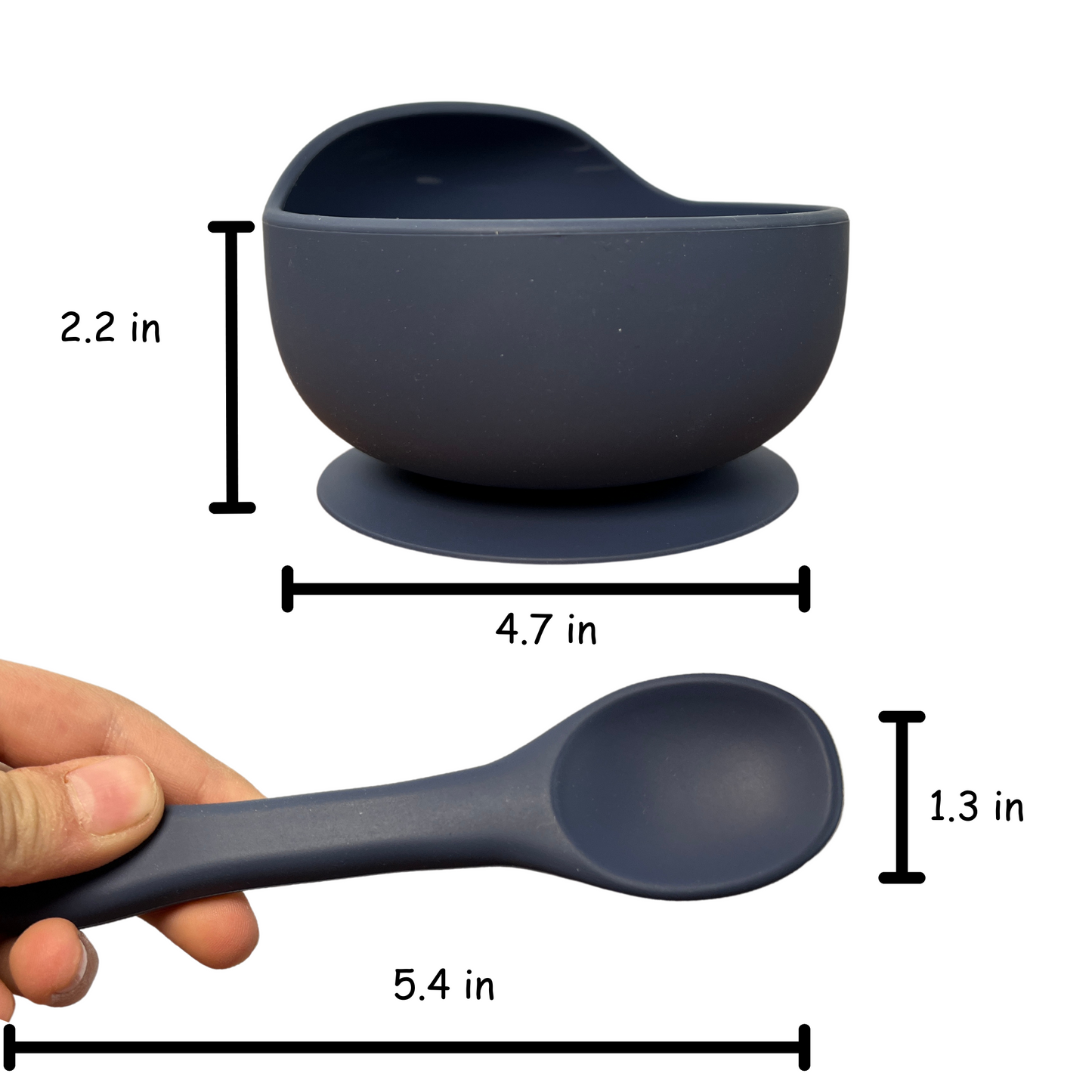 Set Dimensions; The bowl is 2.2 inches tall and 4.7 inches wide. The Spoon is 5.4 inches tall and 1.3 inches wide.