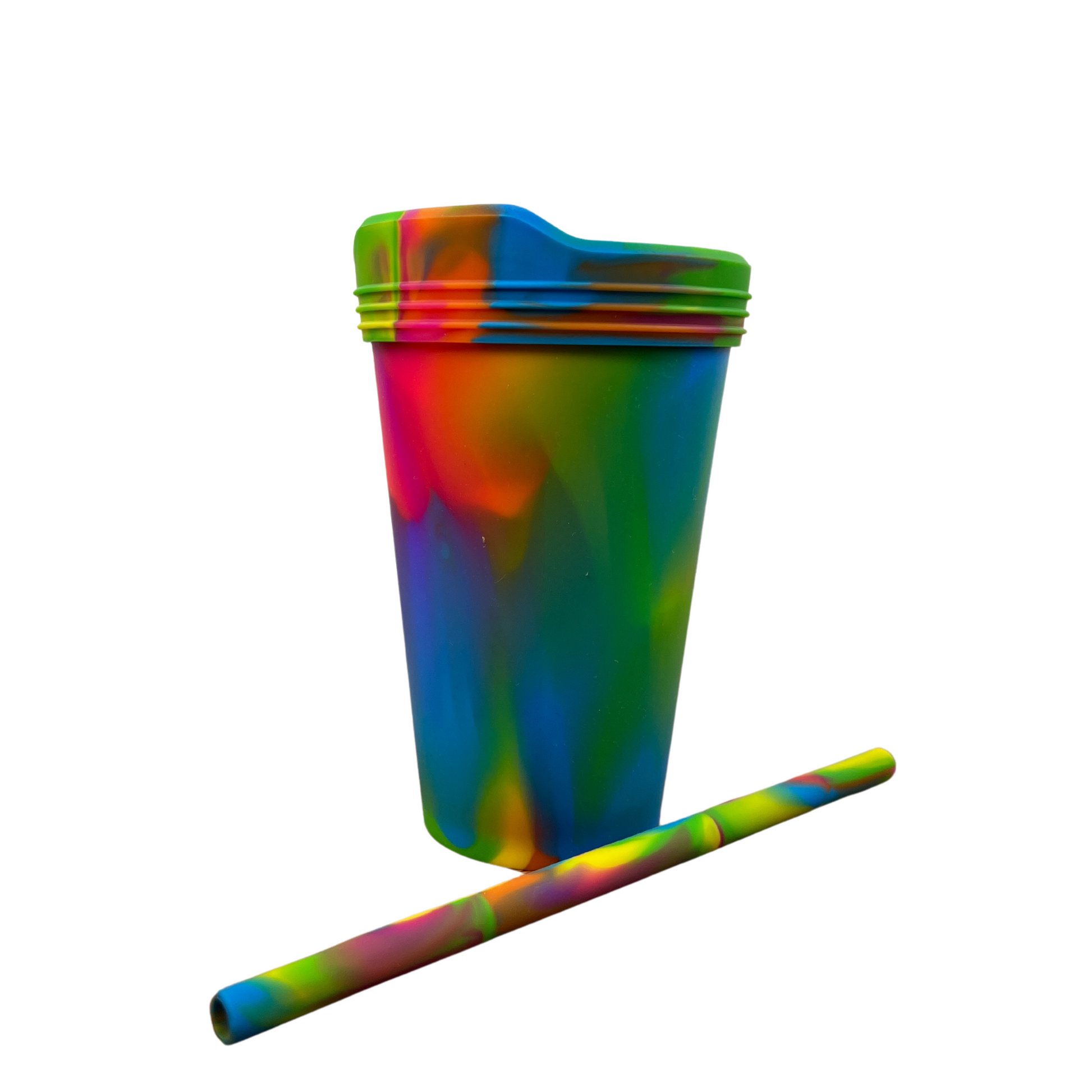 Rainbow silicone cup with a matching straw.