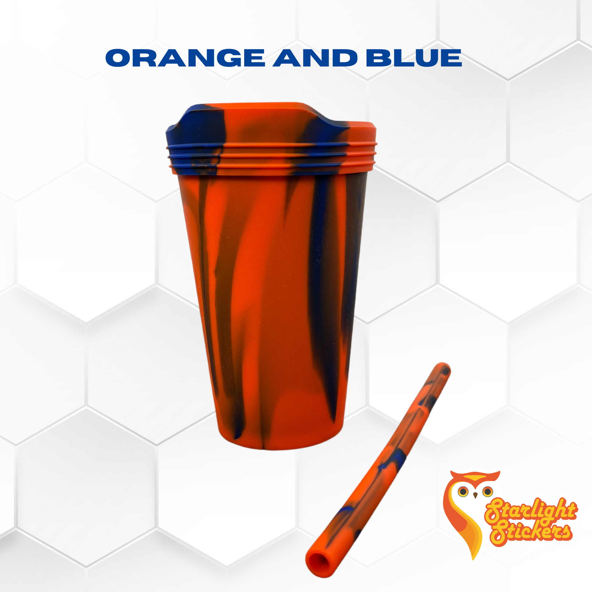 Orange and blue silicone cup with matching straw.