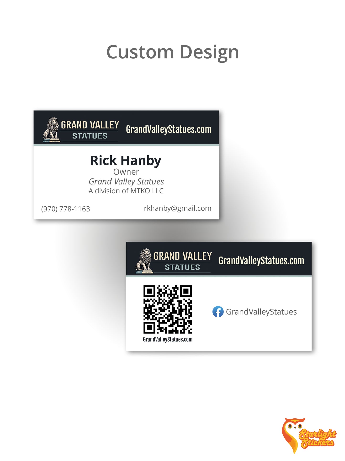 Custom business card design example with pictures from grandvalleystatues.com