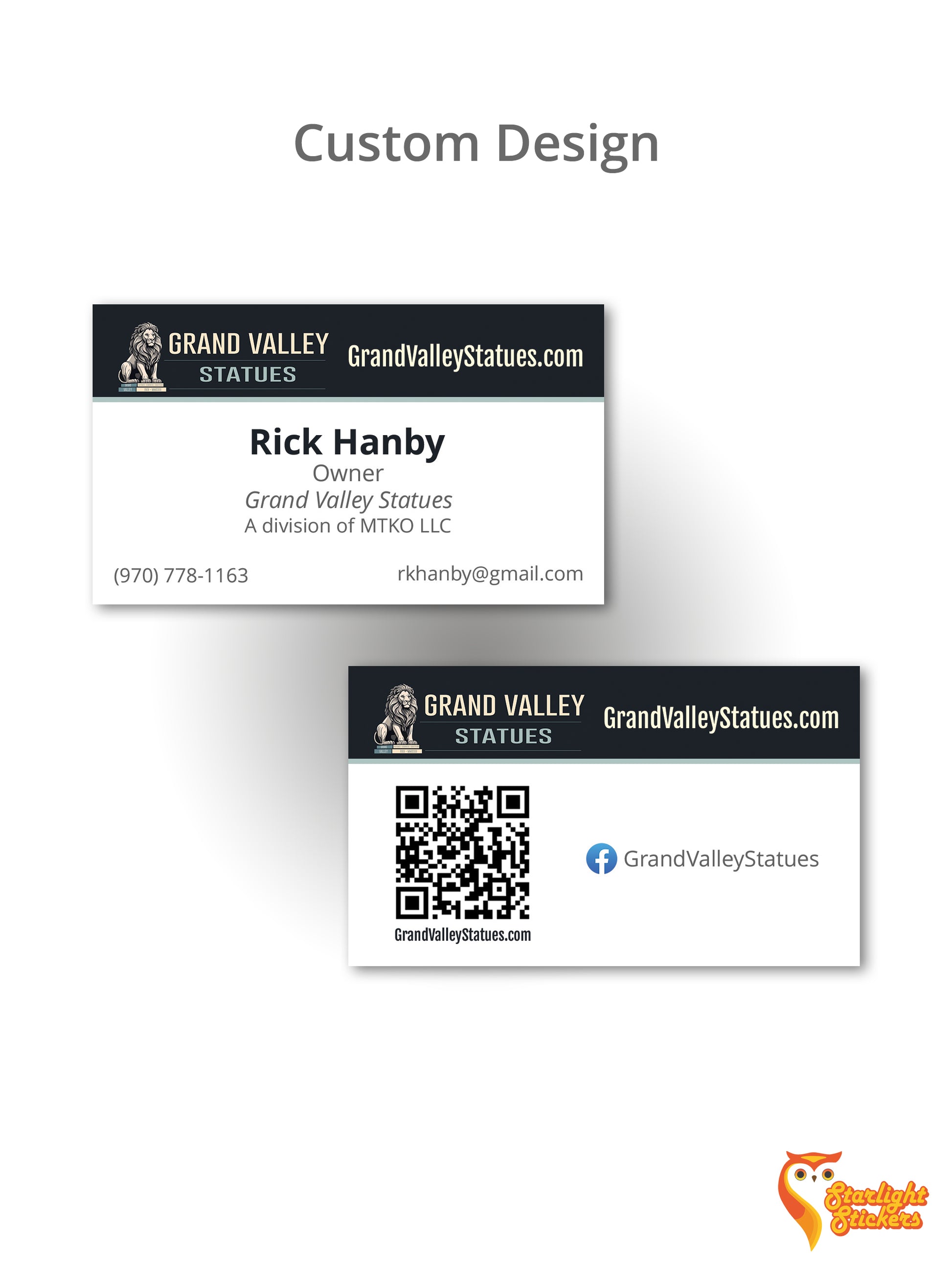 Custom business card design example with pictures from grandvalleystatues.com