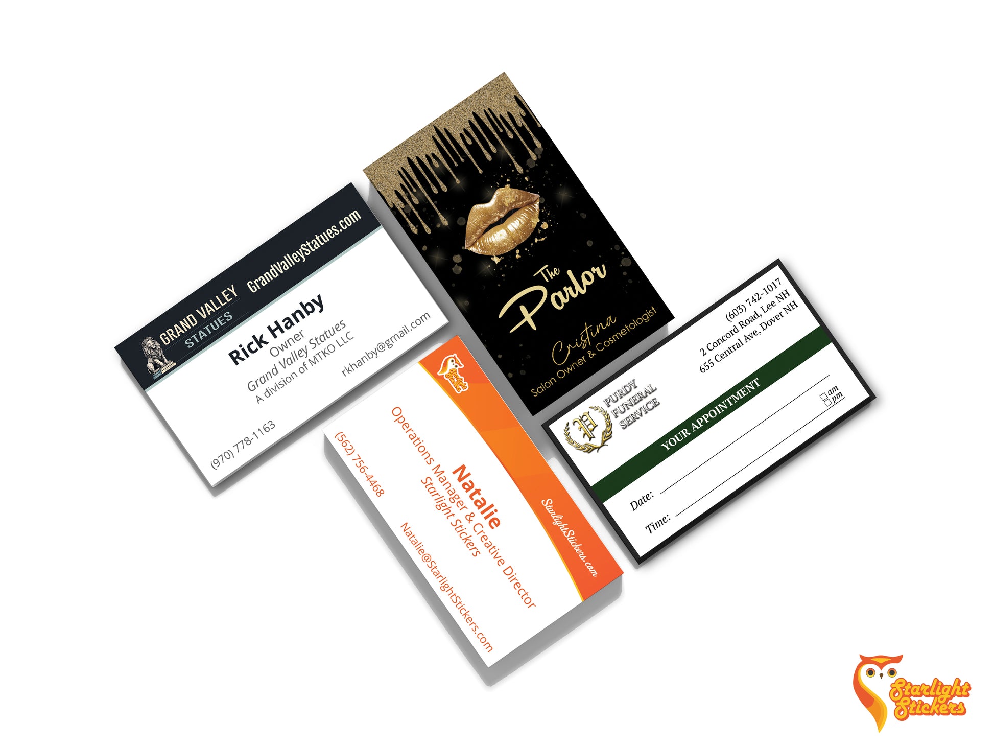 Four business cards laid out next to each other