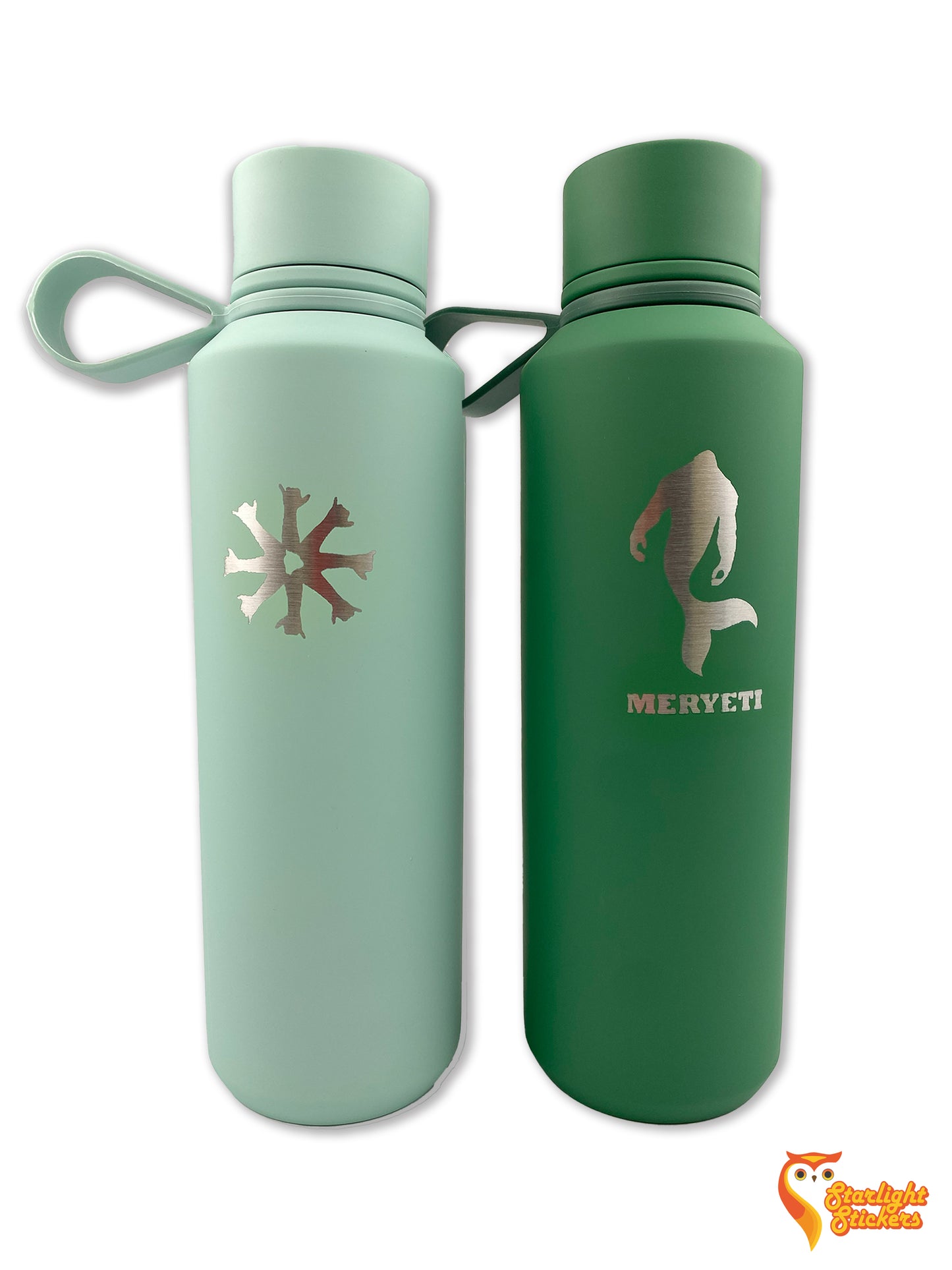 Mint and dark green tumblers engraved with a white background.