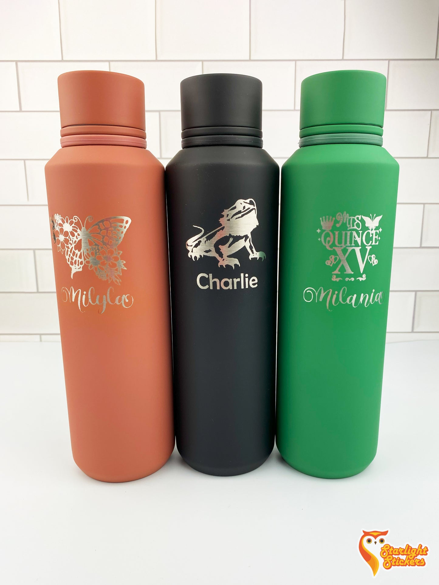 Rose pink, black and green tumblers engraved.