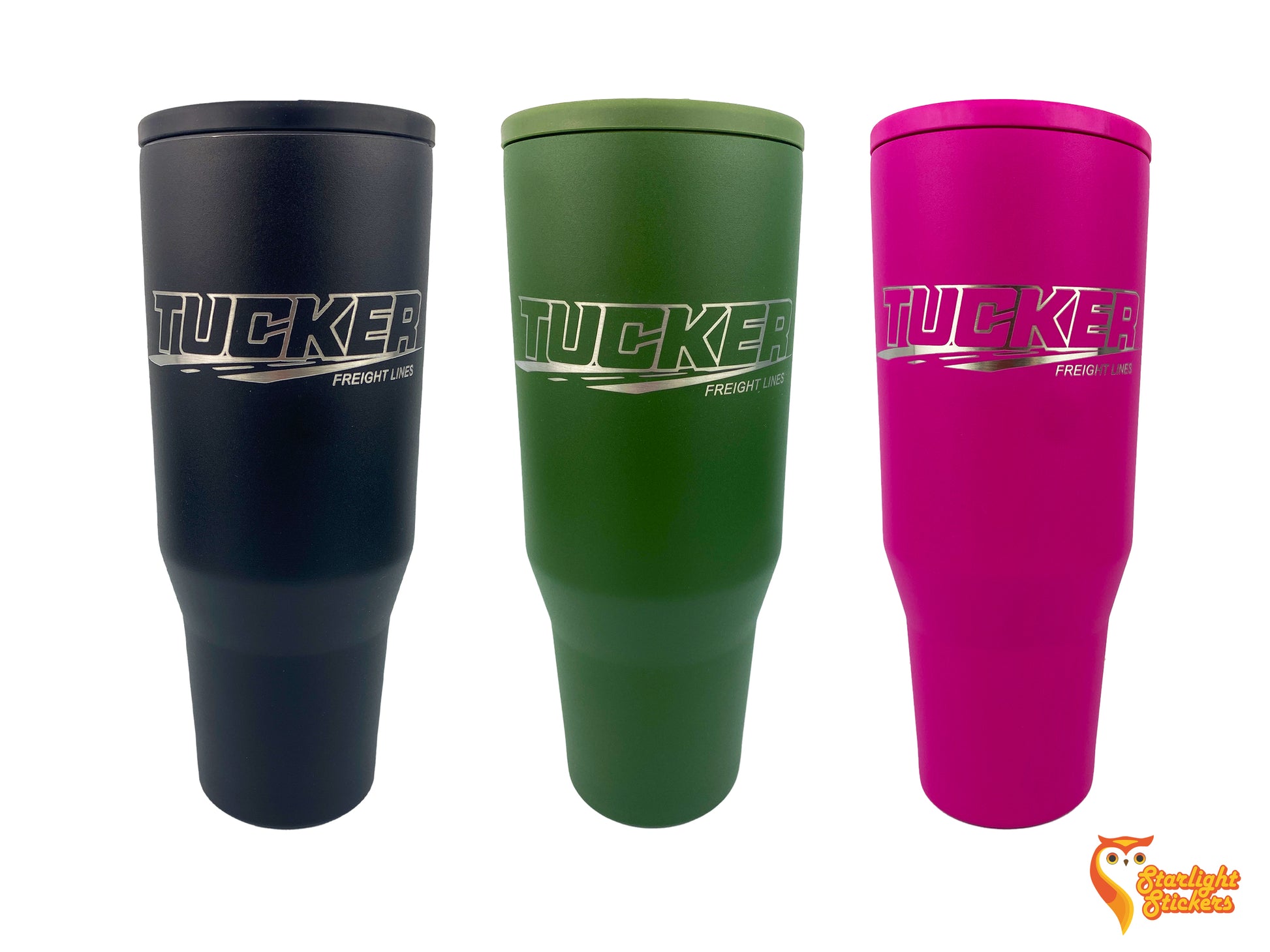 Black, olive green, and pink tumblers next to each other with a white background.