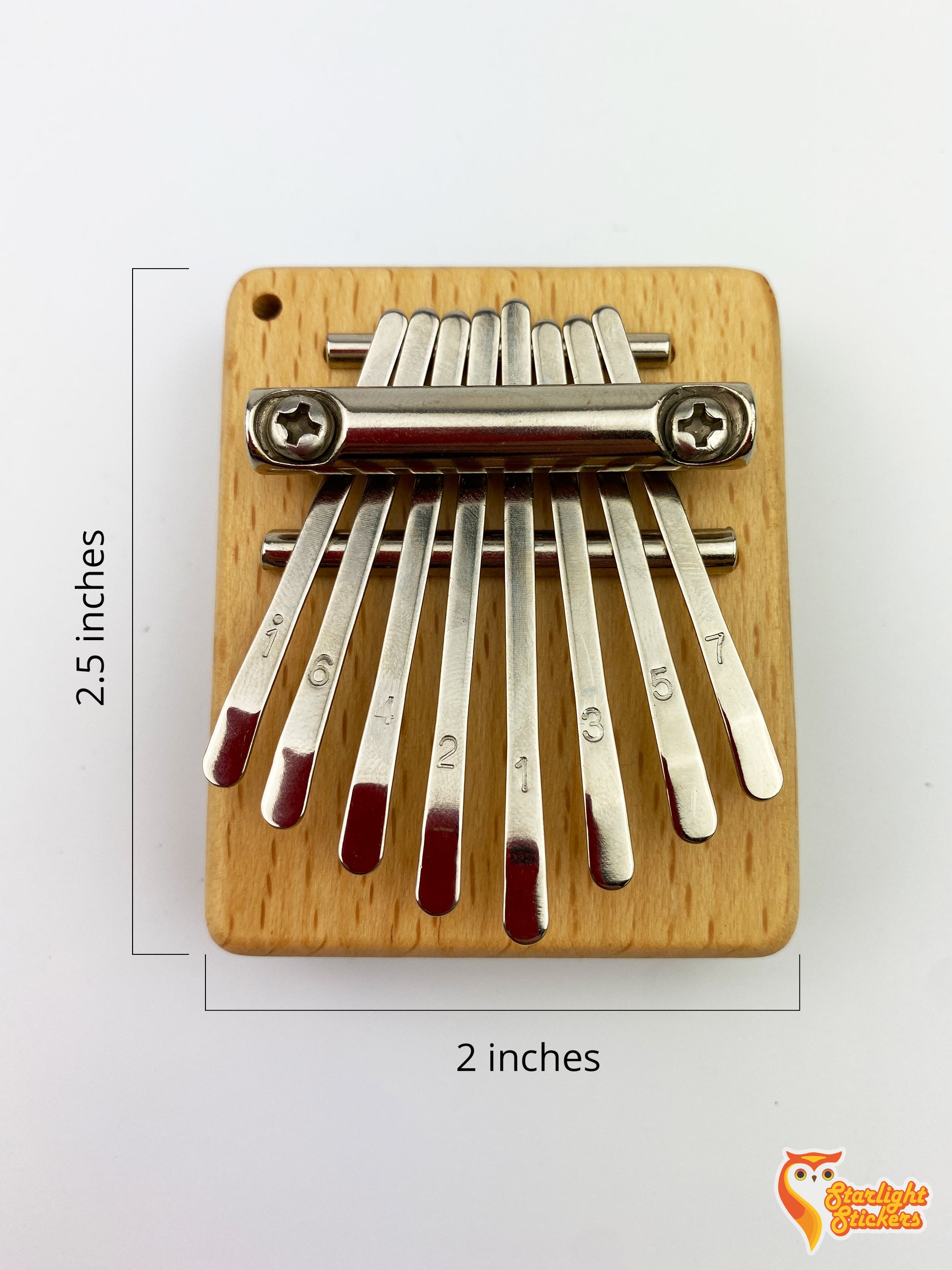 Kalimba dimensions of 2.5 inches tall and 2 inches wide.