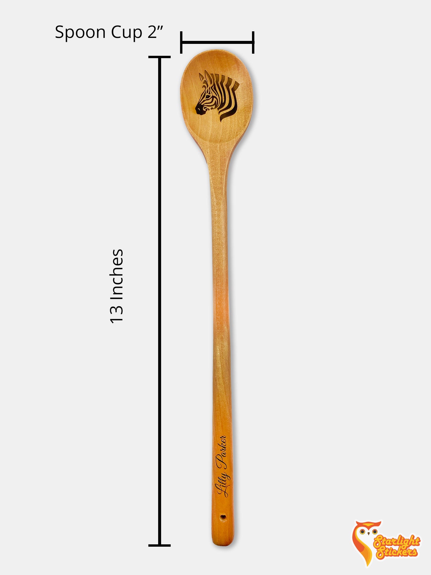 Spoon dimensions, 13.5 inches tall and 2 inches wide.