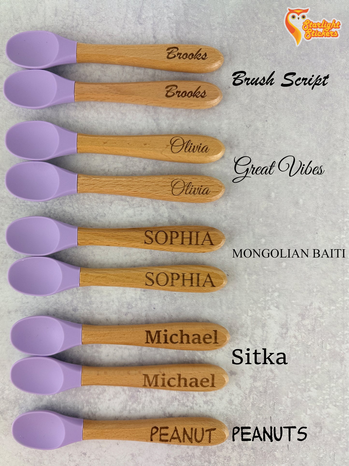 9 baby spoons featuring different fonts and different engraved names.