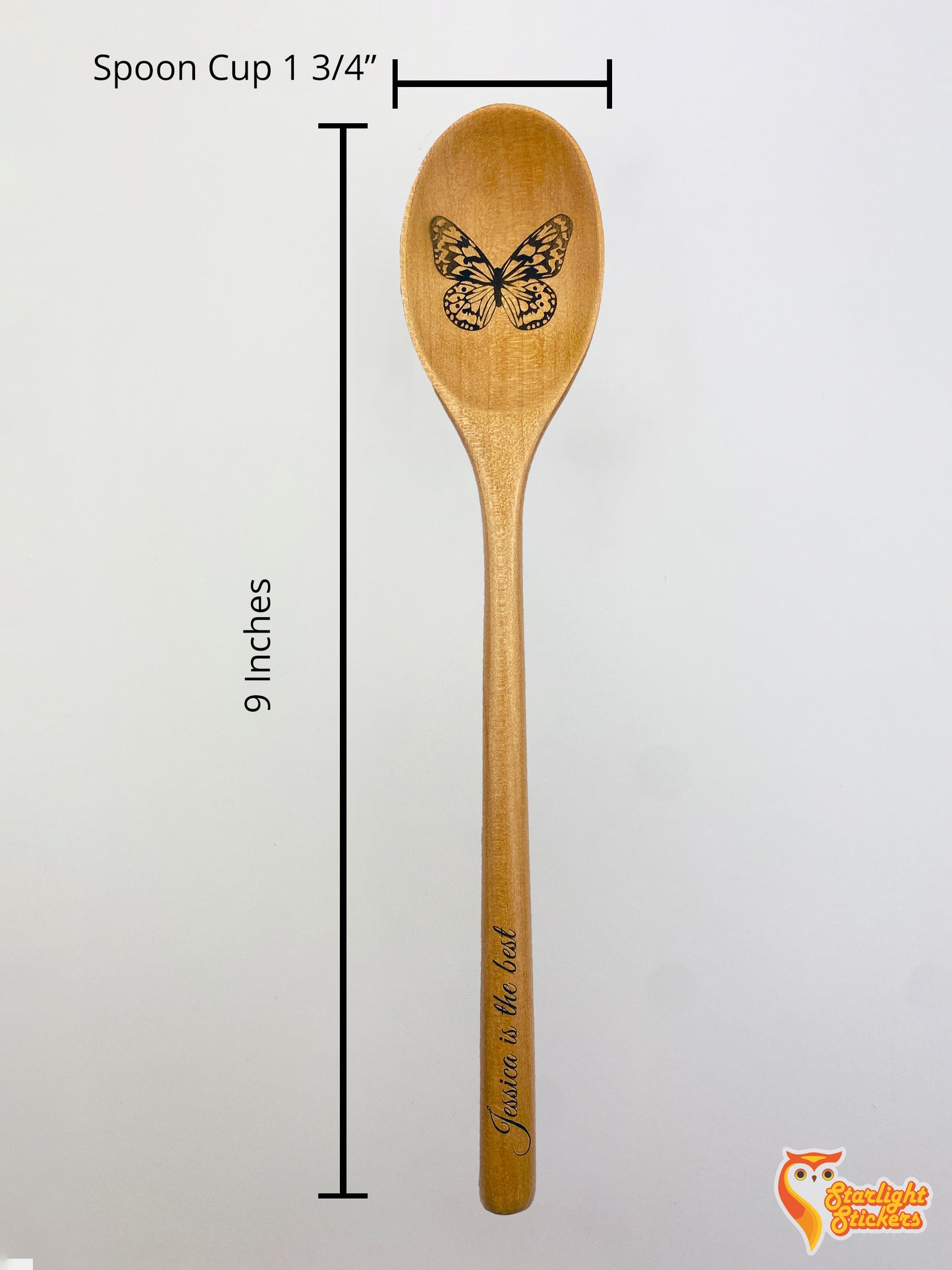 Spoon dimensions, 9 inches tall and 1 3/4 inches wide.