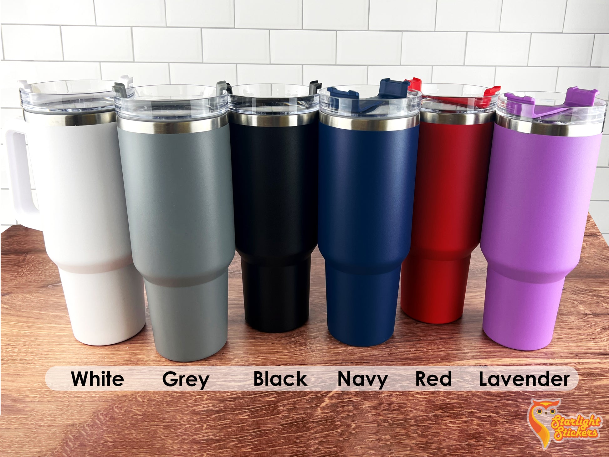 White, grey, black, navy, red, and lavender color options on a wooden table.