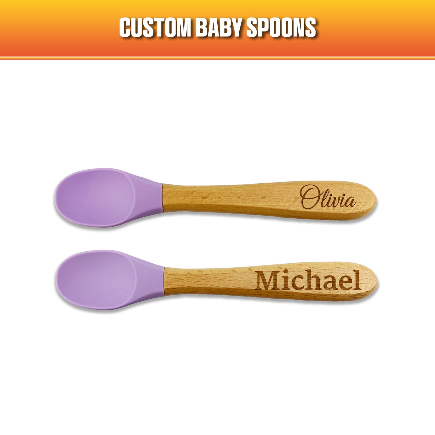 Set of 2 Baby Spoons with Wooden Handle & Silicone Spoon – Custom Engraved