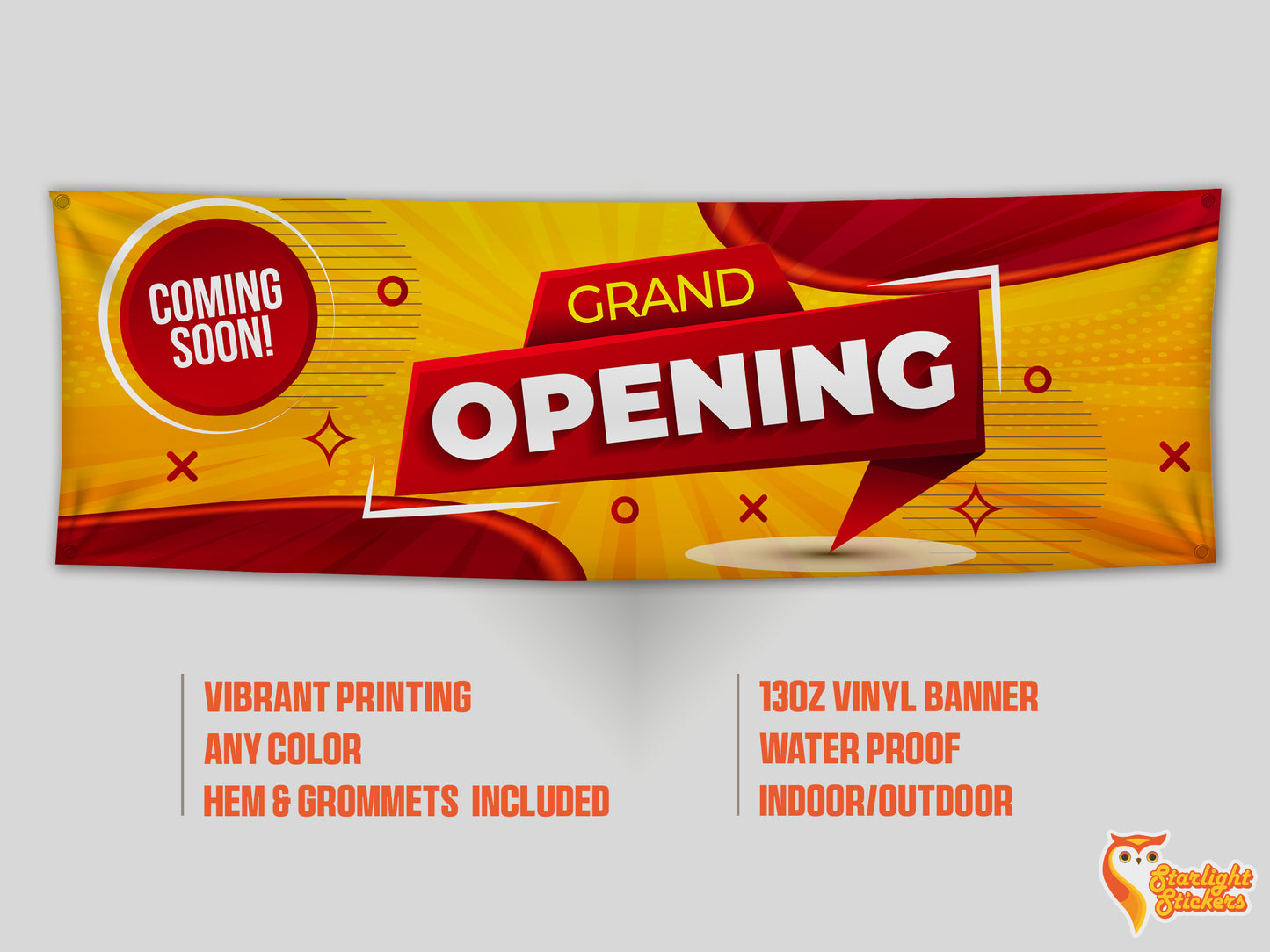 Banner mockup, featuring hem and grommets, vibrant printing, waterproof, indoor/outdoor.