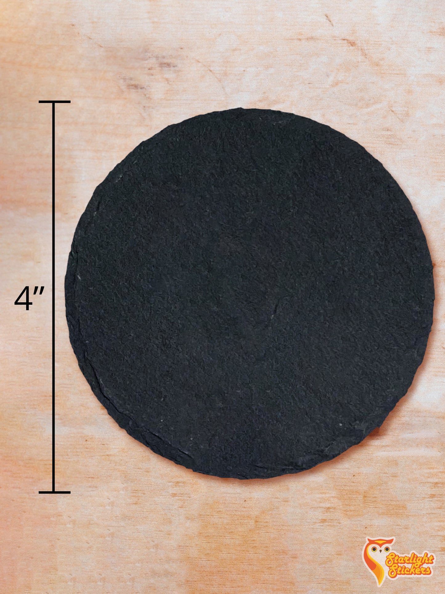 Circular coaster dimensions of 4 inches by 4 inches.