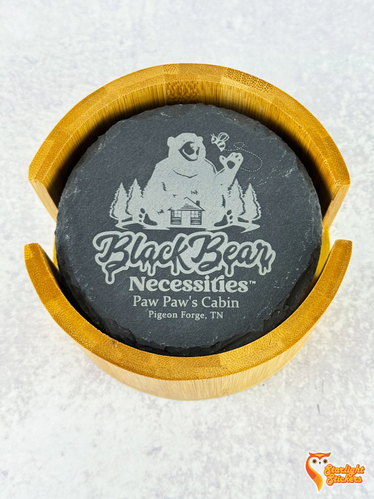 Top view of circular coasters in the bamboo coaster holder.