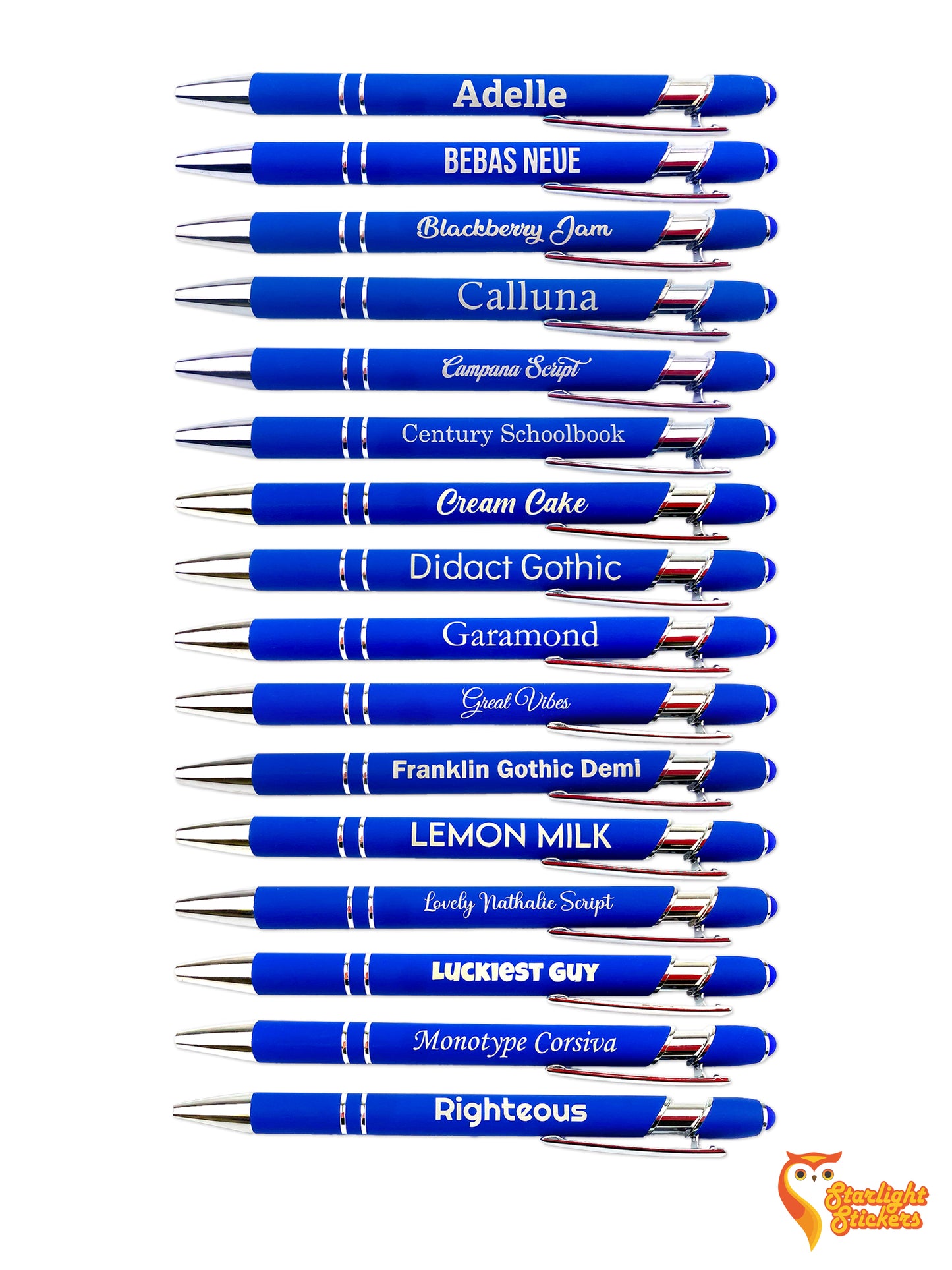 Engraved pens example with every font option