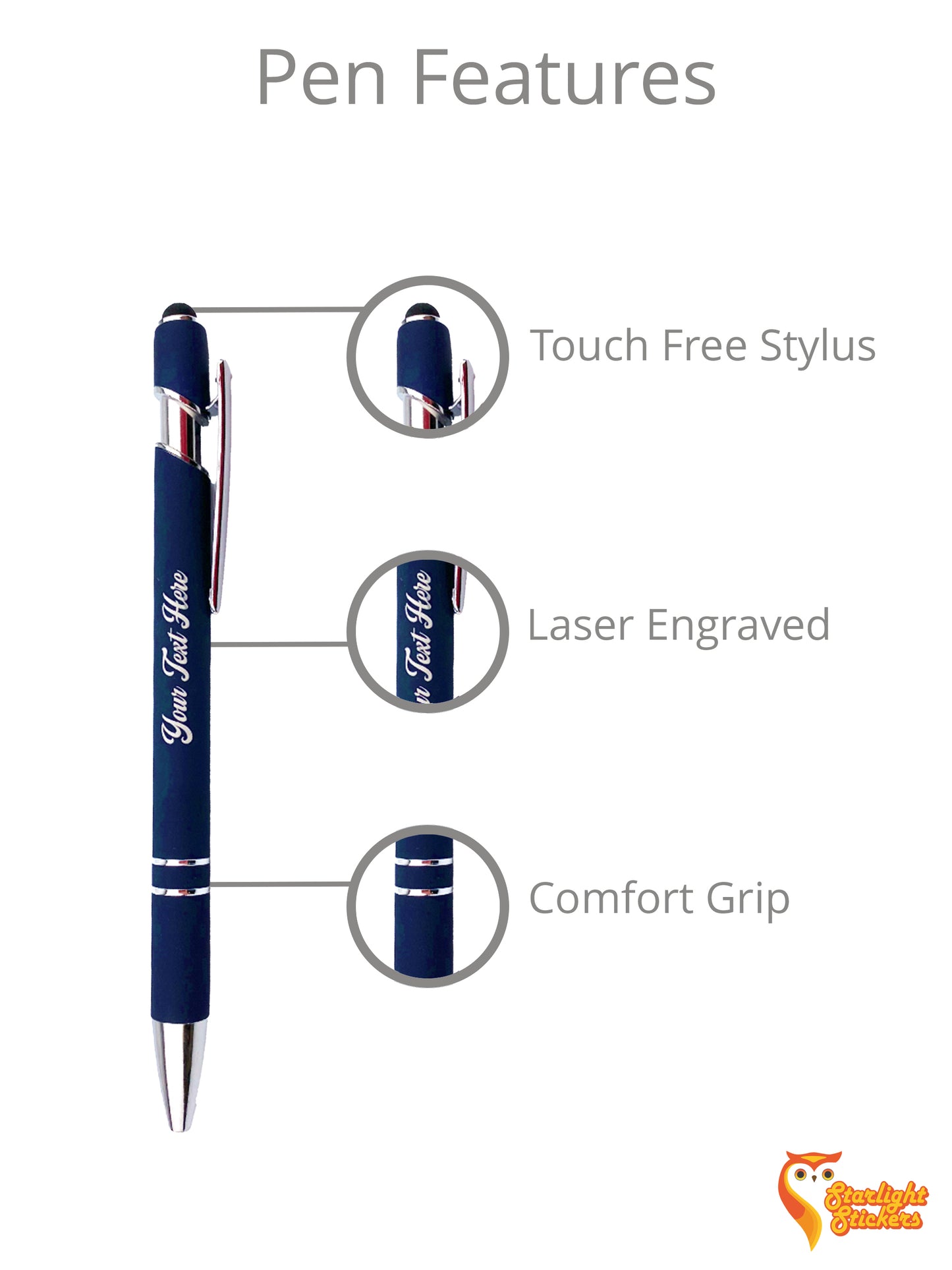 Pen features, touch free stylus, laser engraved, comfort grip.