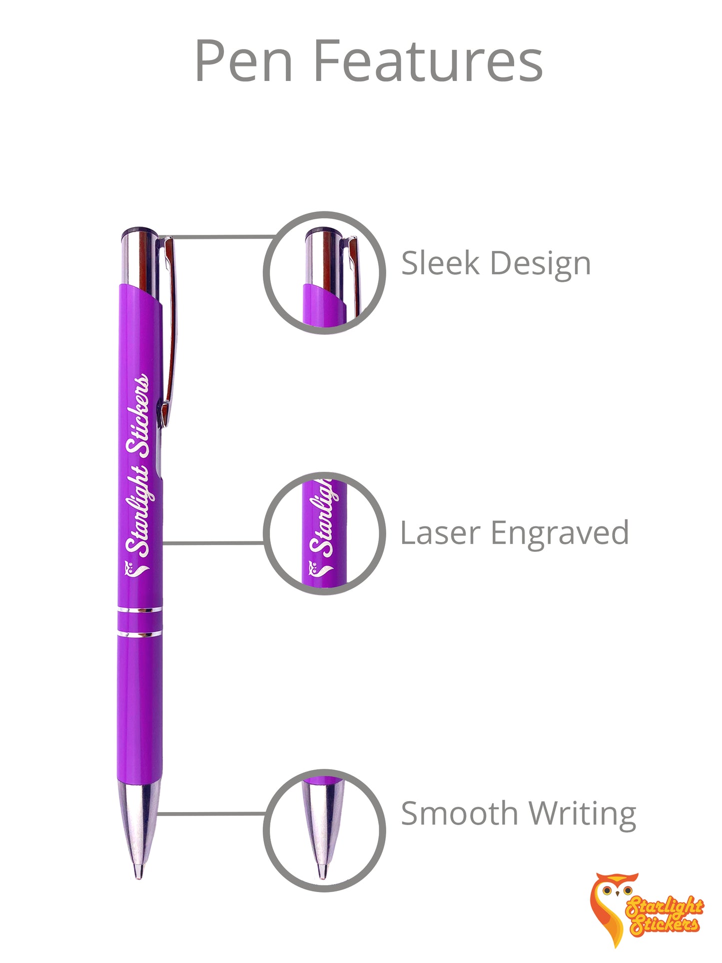 Pen features, sleek design, laser engraved, smooth writing.