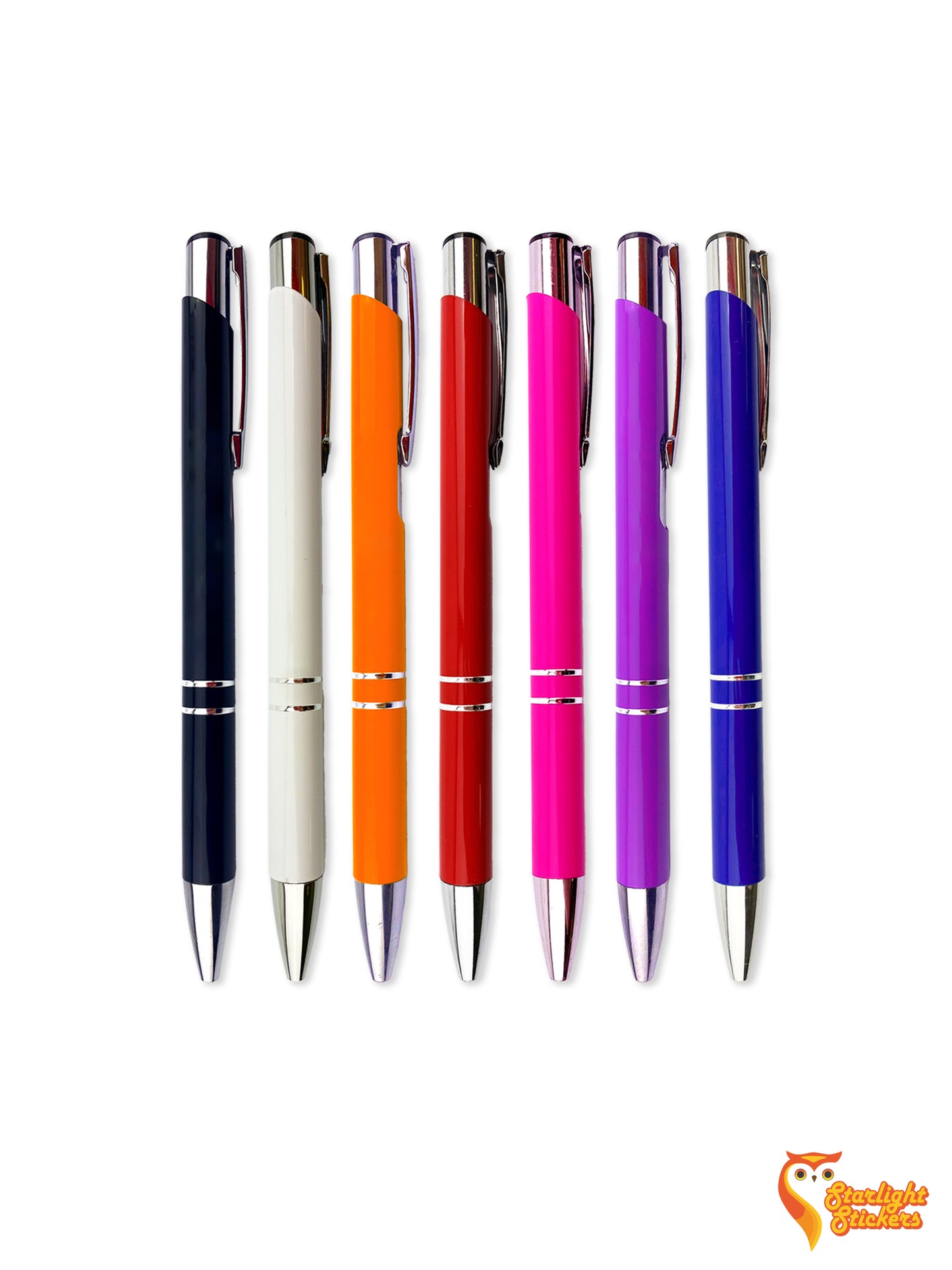 A black, white, orange, red, pink, purple, an blue pen lined up next to each other.