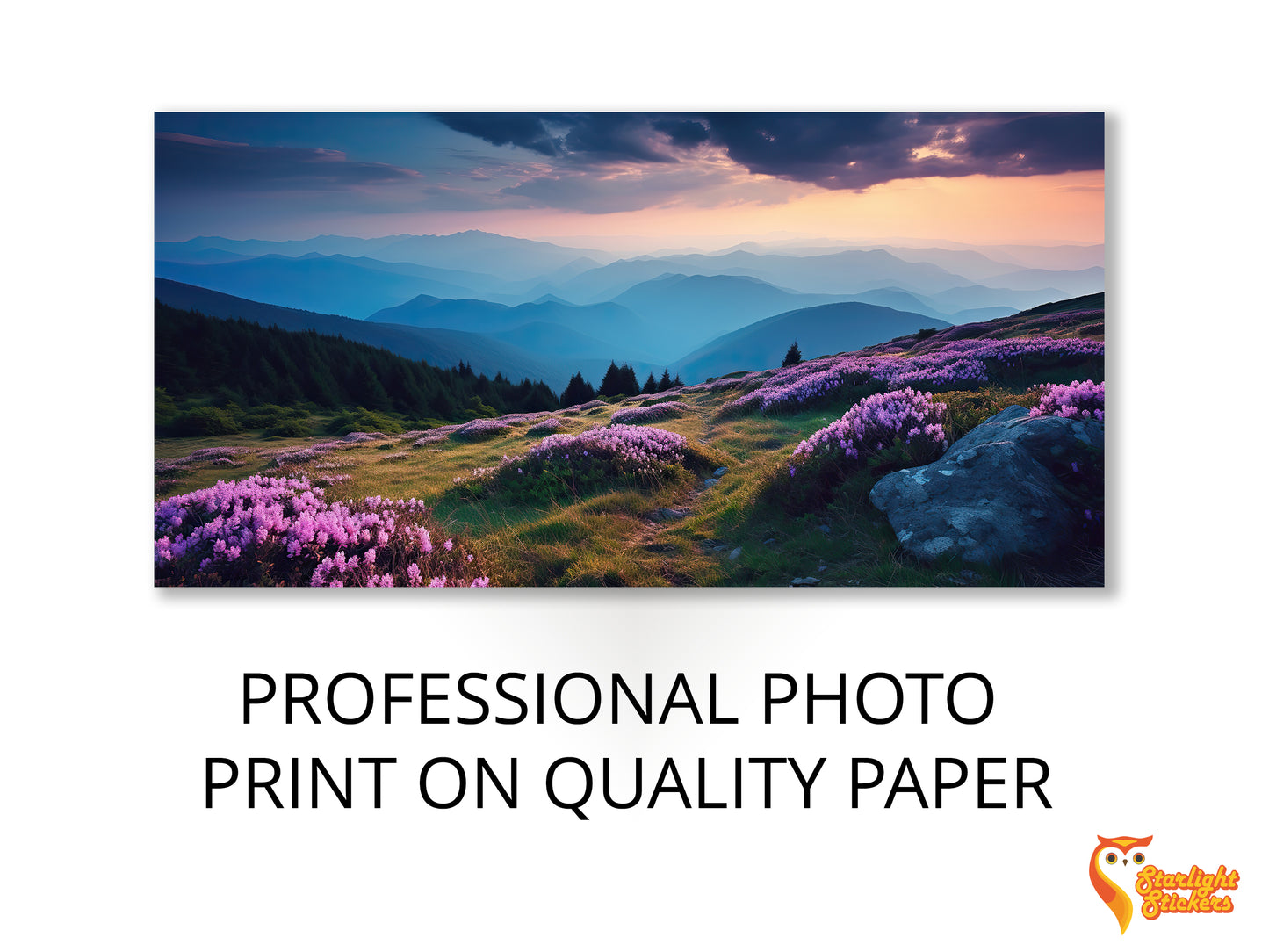 Professional photo print on quality paper with example of a mountain range.