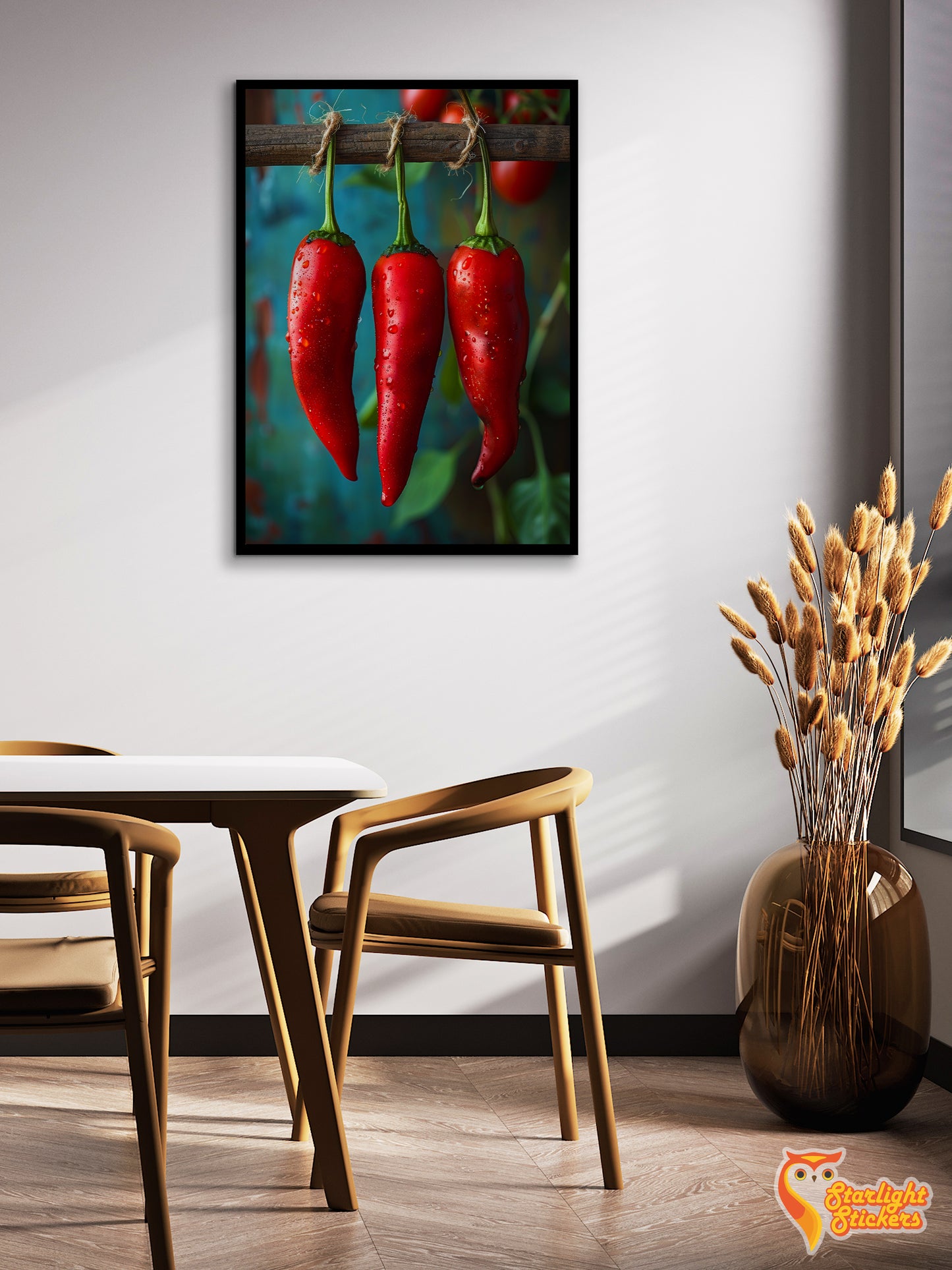 Poster of chili peppers above a dining table.