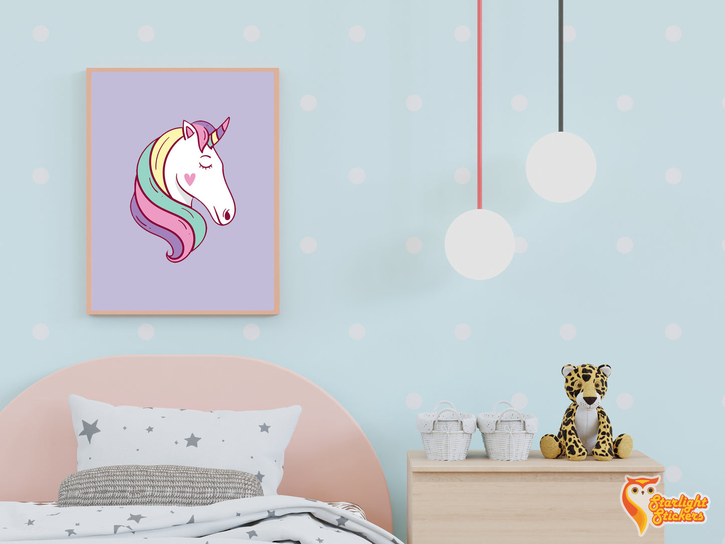 Poster of a unicorn in a child's bedroom.