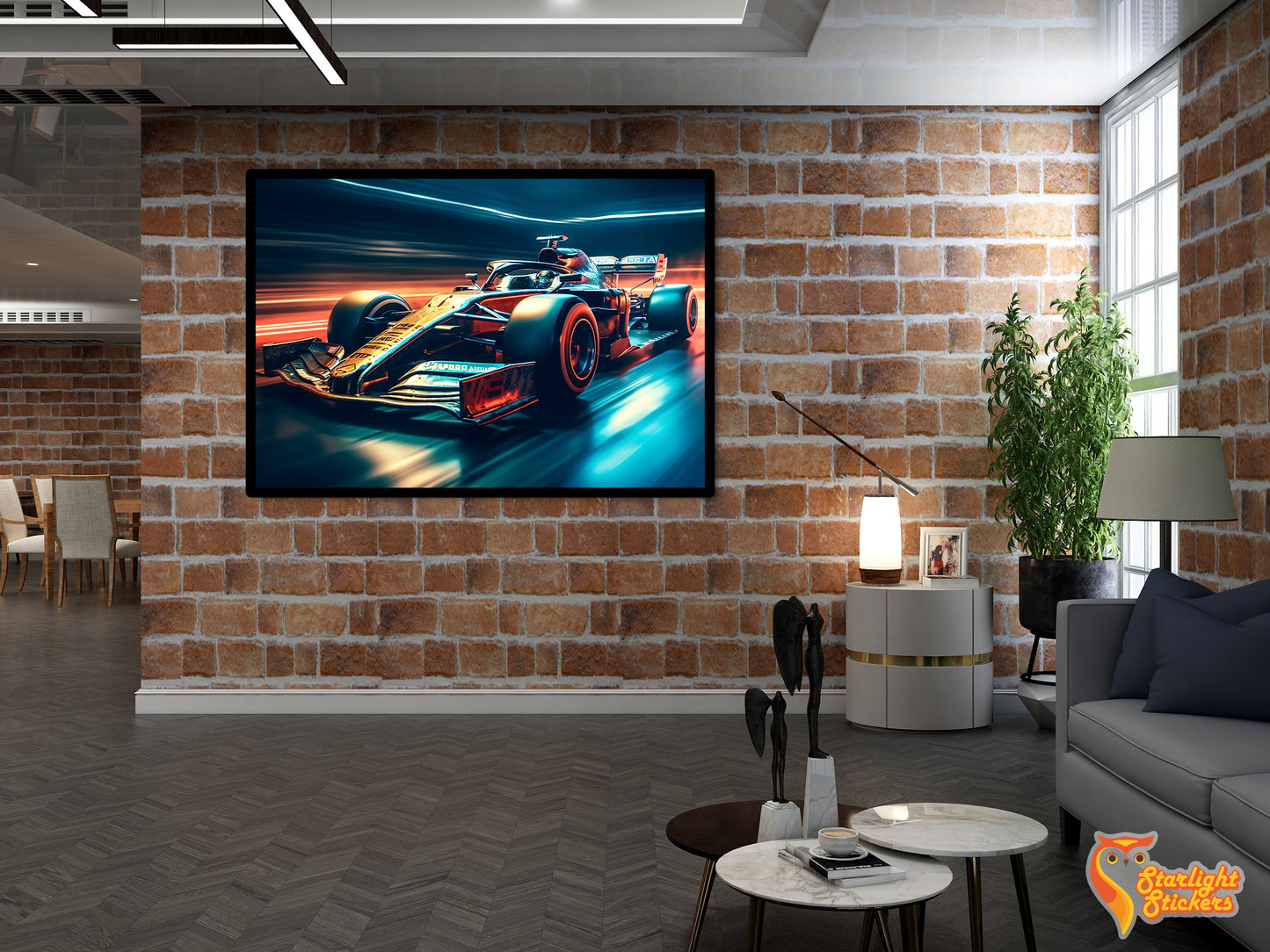 Poster of a formula 1 car in an office space.