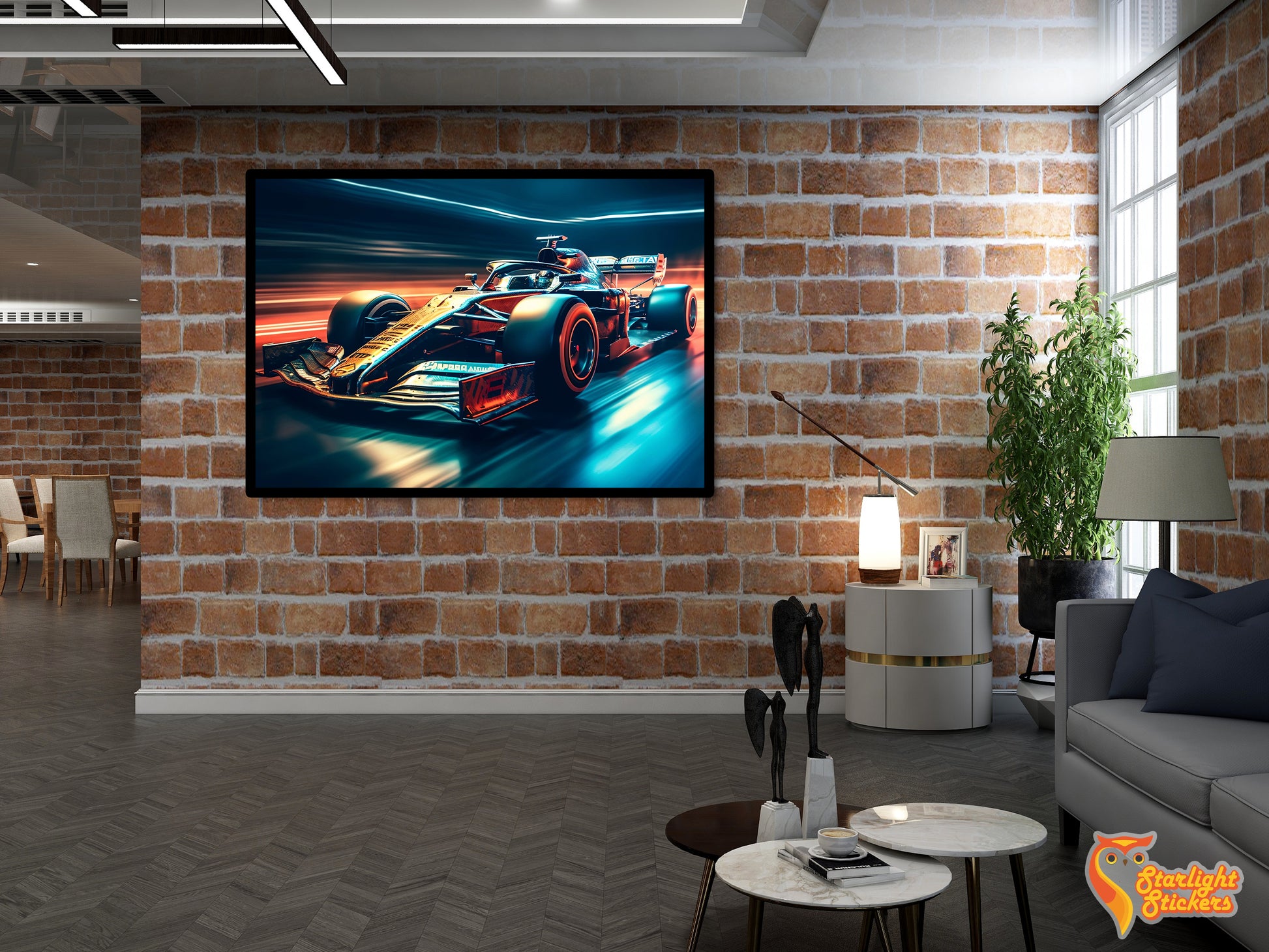 Poster of a formula 1 car in an office space.