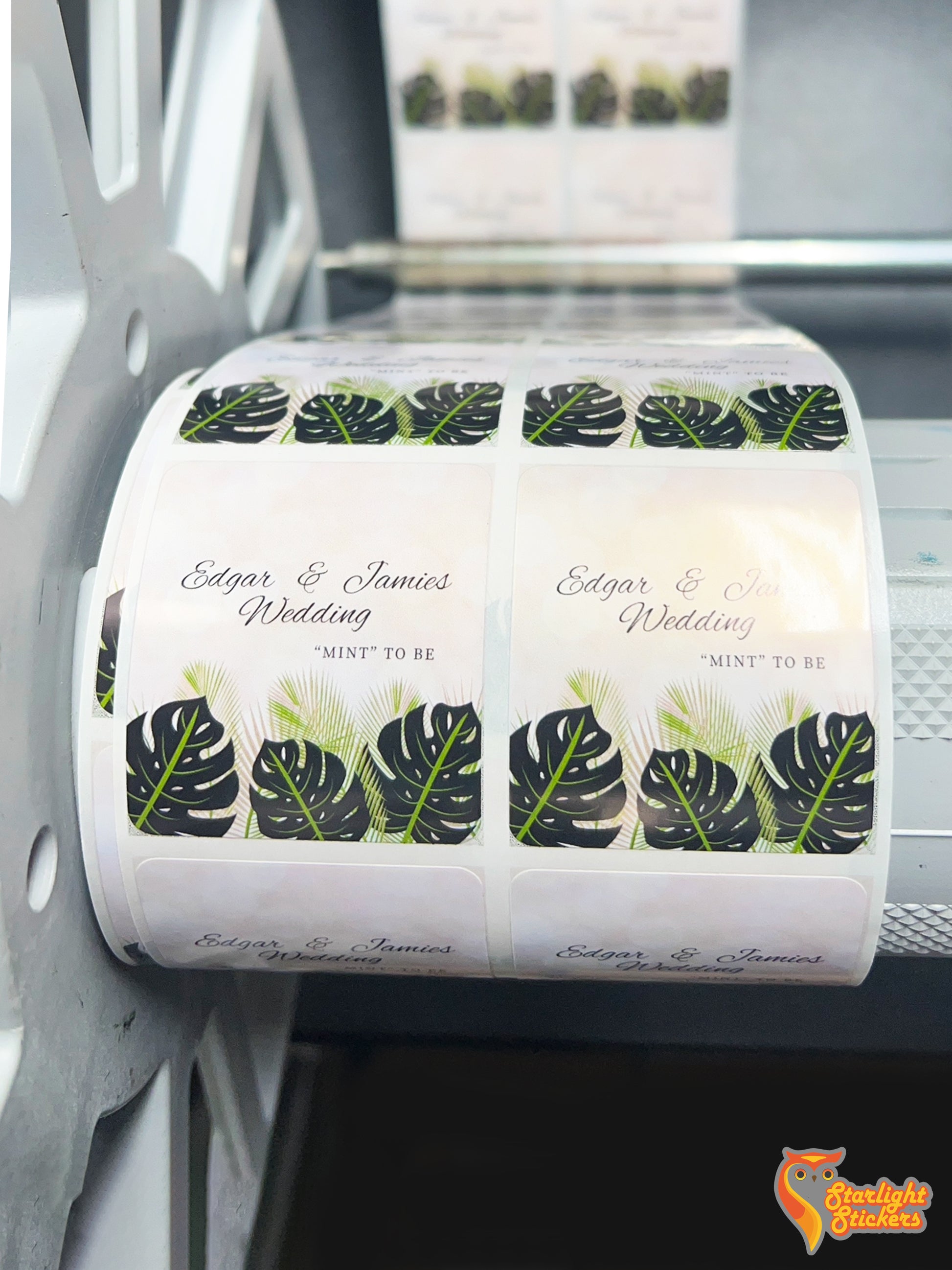 Chapstick label featuring leaves and a wedding date.