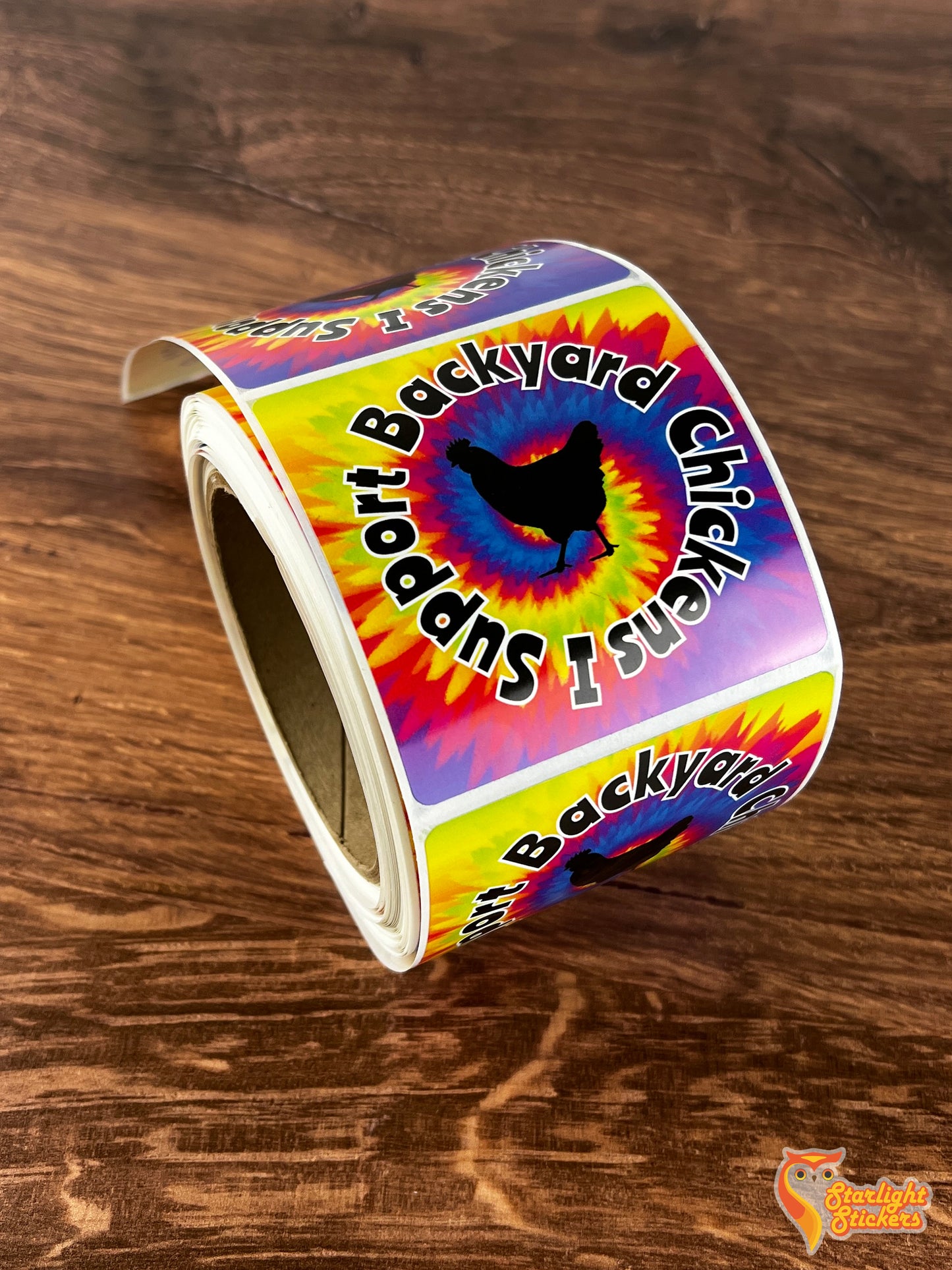 Square label roll, featuring "Chicken" logo on a wooden table.