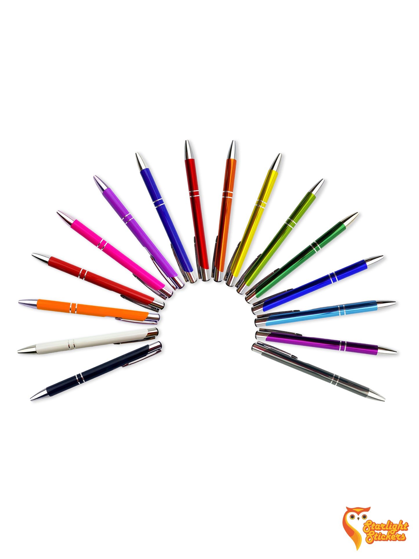 Pens assorted in a half circle.