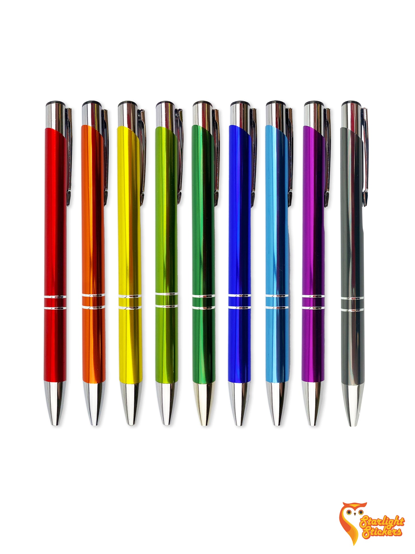 A Metallic red, orange, yellow, light green, green, blue, light blue, purple, and grey pen lined up next to each other.