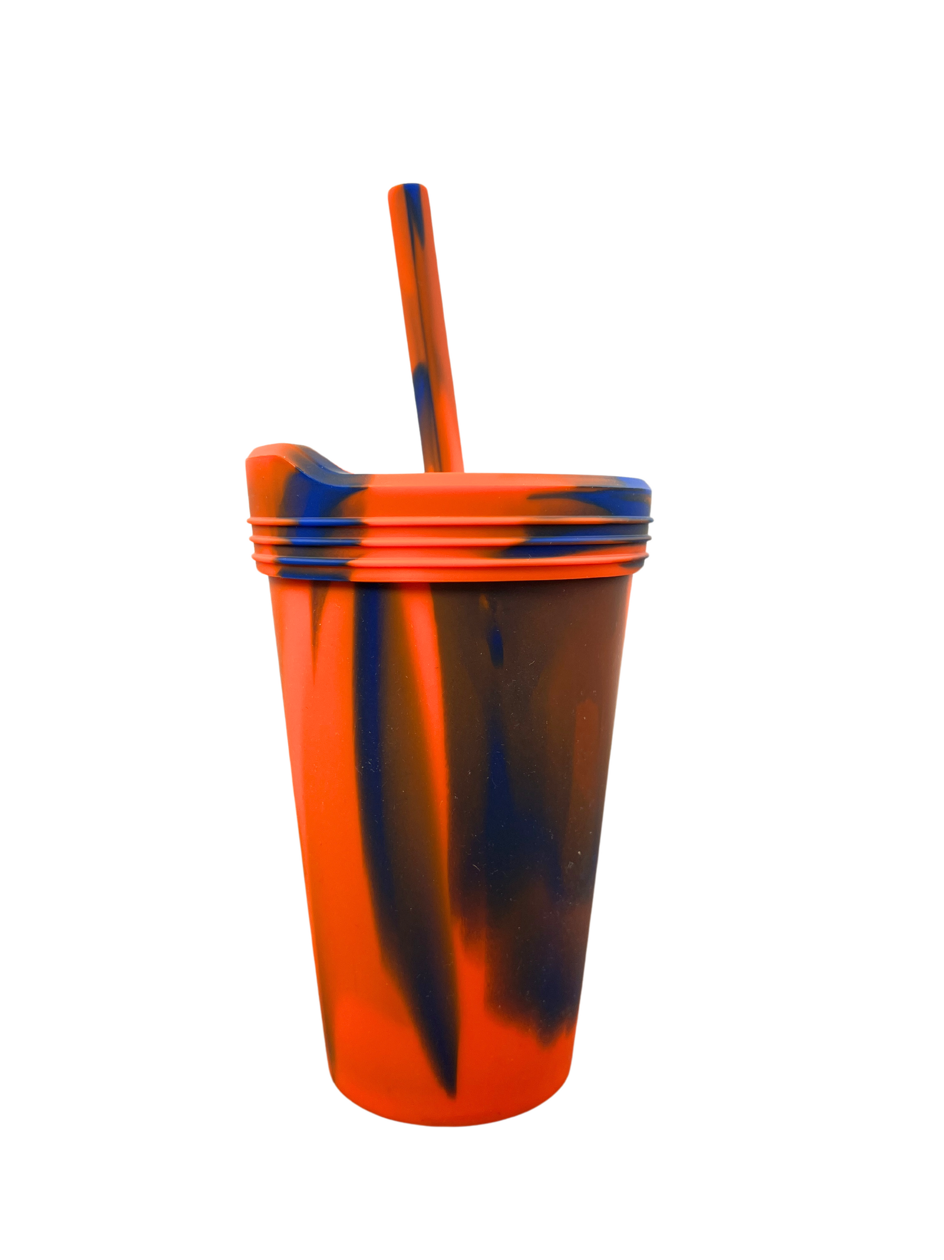 Orange and blue silicone cup on a white background.