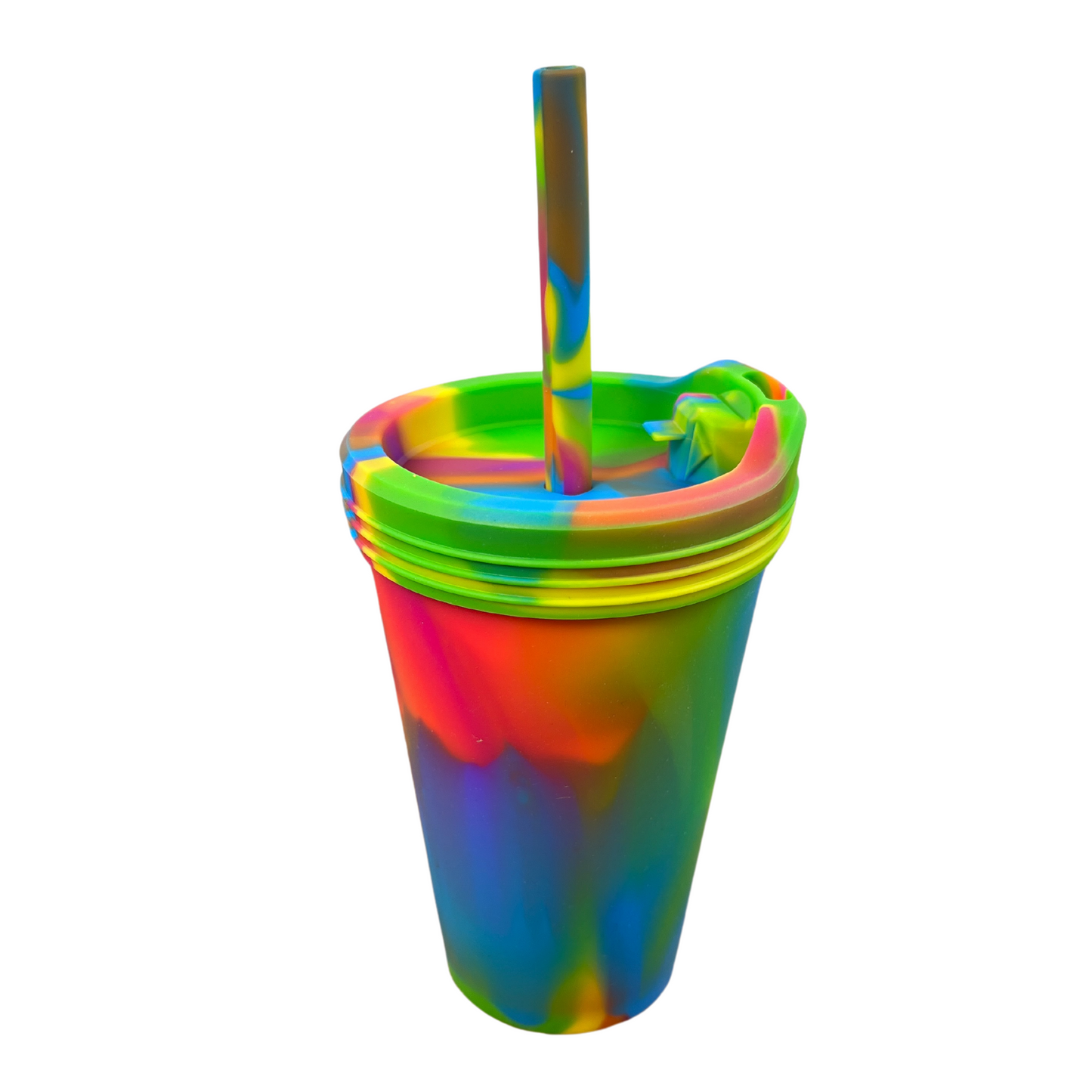Rainbow silicone cup with a white background.