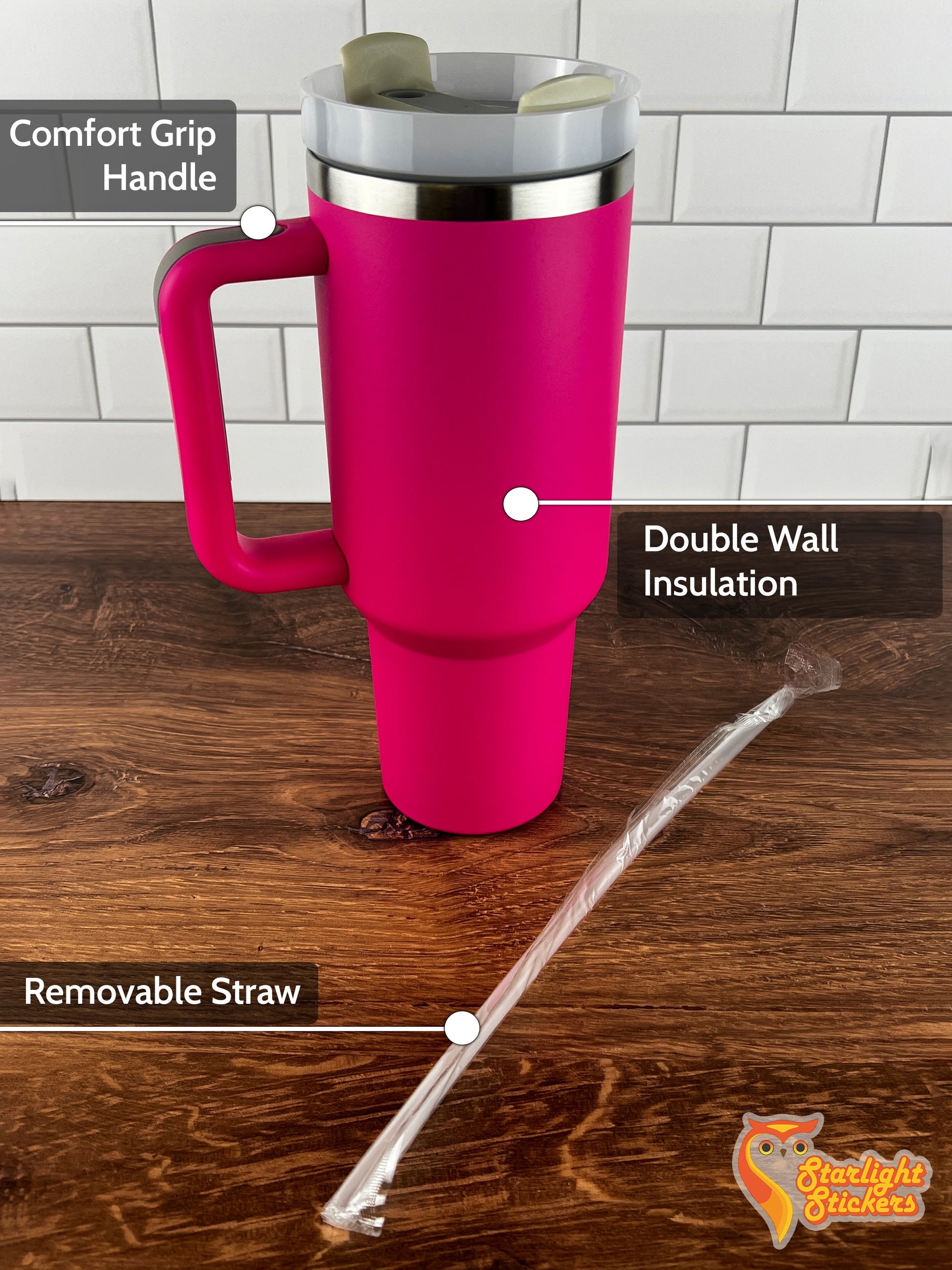 Tumbler features, comfort grip handle, double wall insulation, and a removable straw.