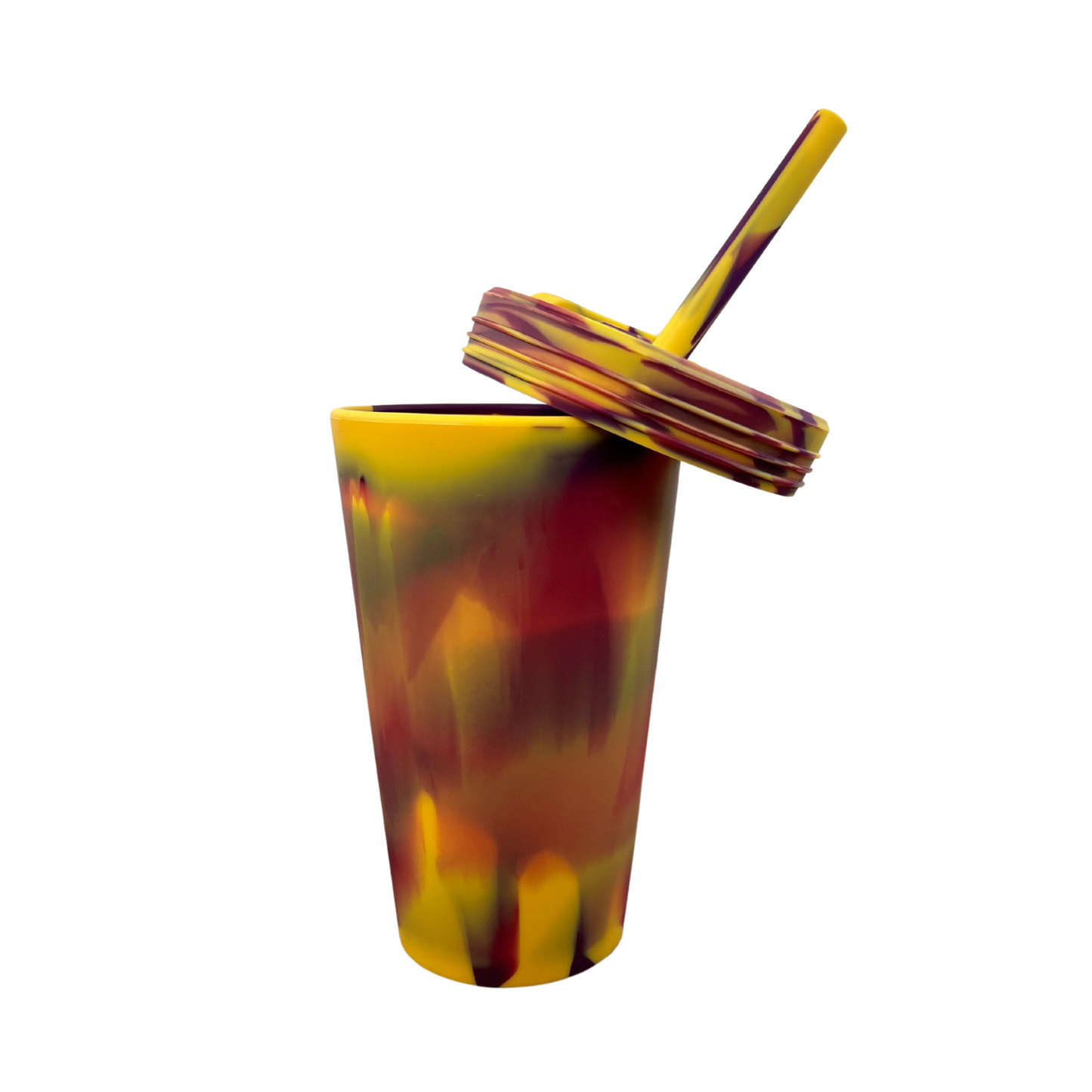Yellow and purple silicone cup with a white background.