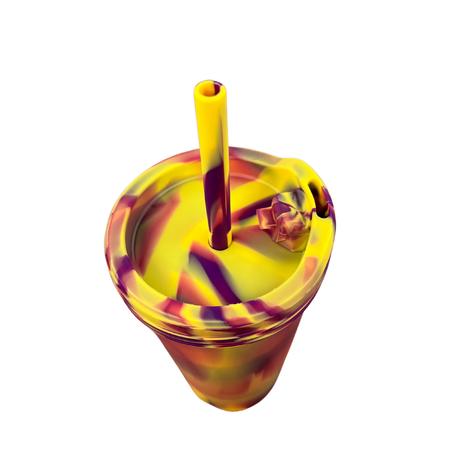 Top view of the yellow and purple silicone cup with a white background.