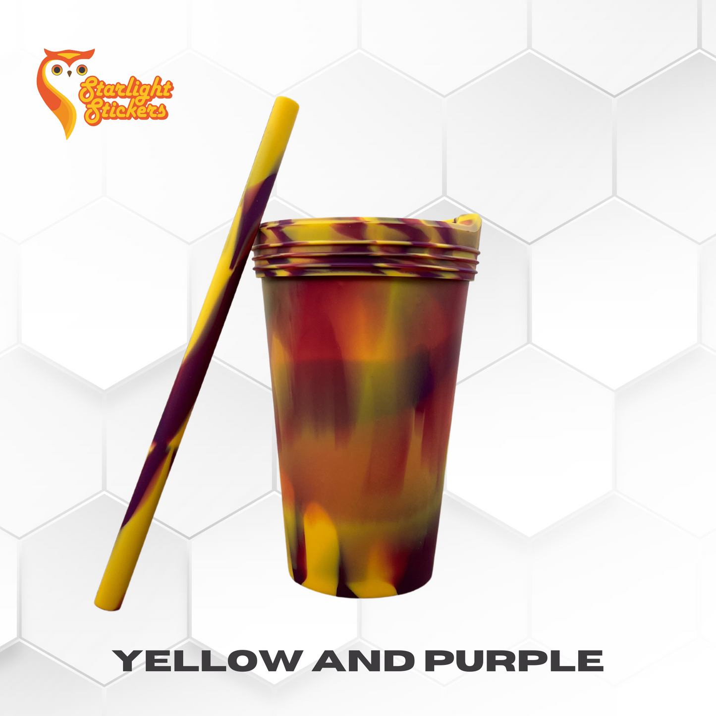 Yellow and purple silicone cup with matching straw.