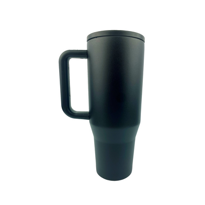 Black tumbler with a white background. 