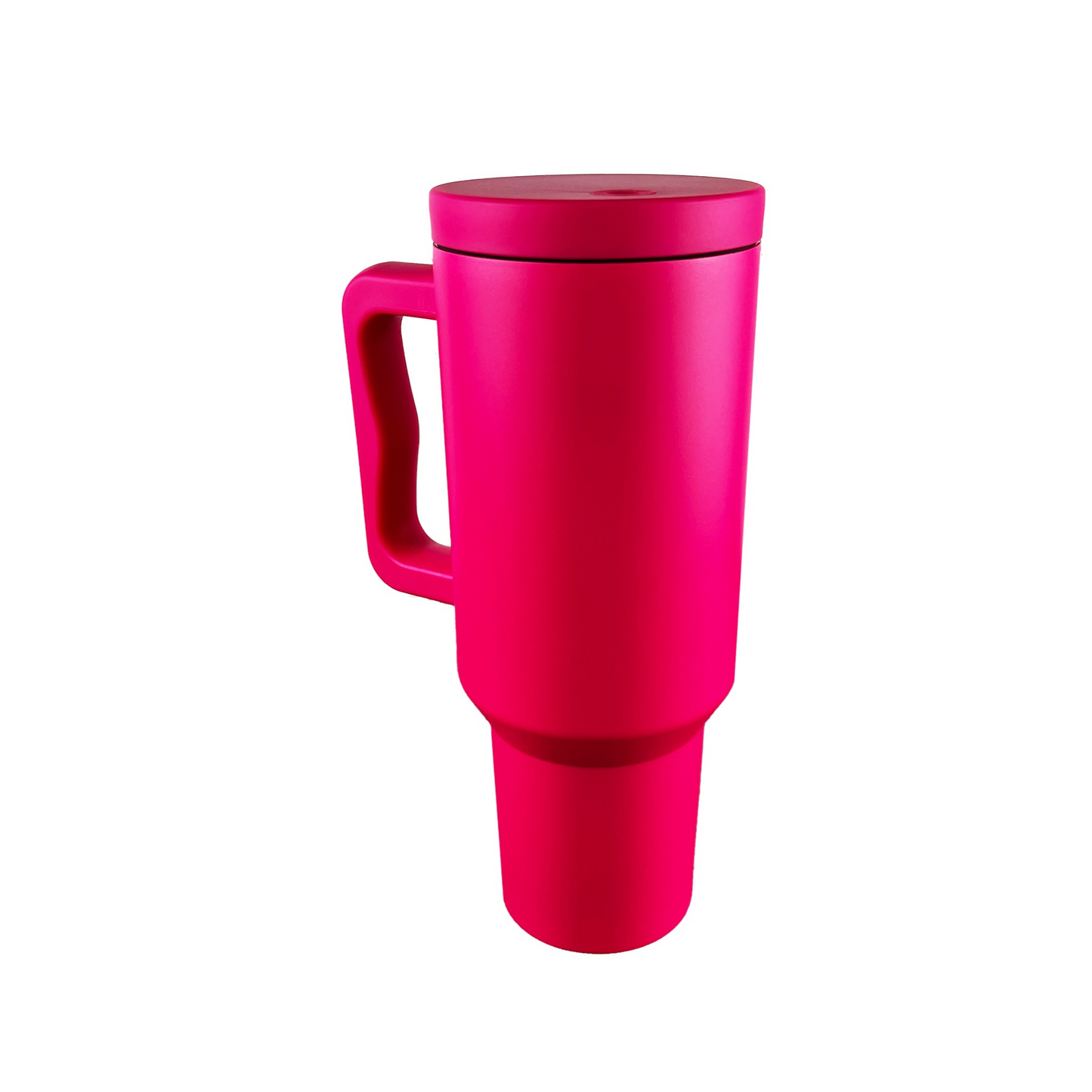 Hot pink tumbler on a white background. 