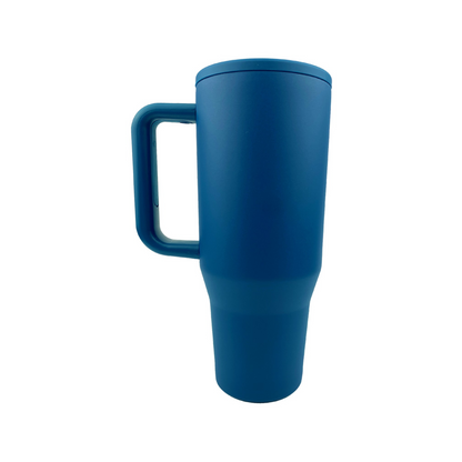 Indigo tumbler with a white background. 