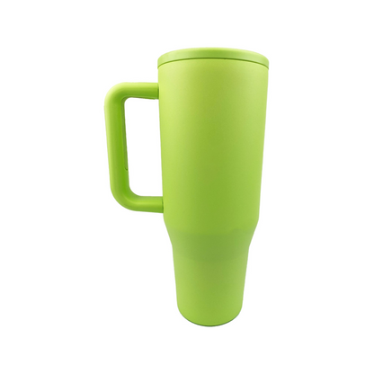 Lime green tumbler with a white background. 