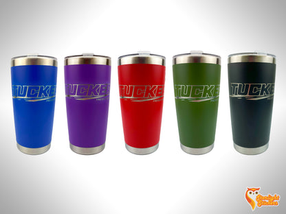 5 different colored coffee tumblers engraved with a white background. 