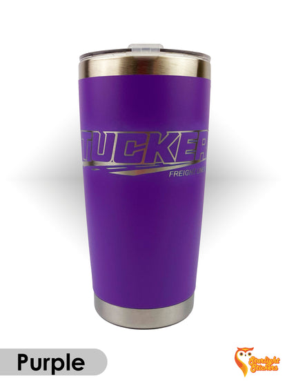 Purple tumbler with white background. 