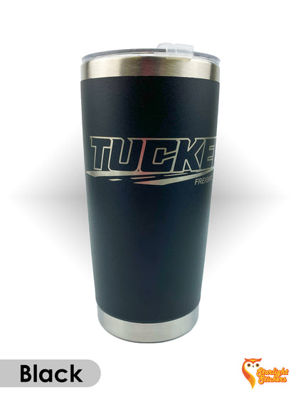 Black tumbler with white background. 