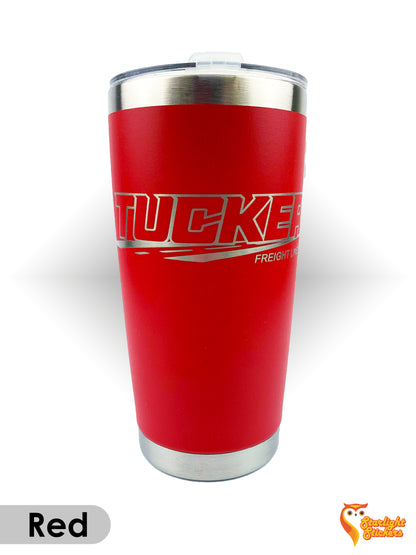 Red tumbler with white background. 