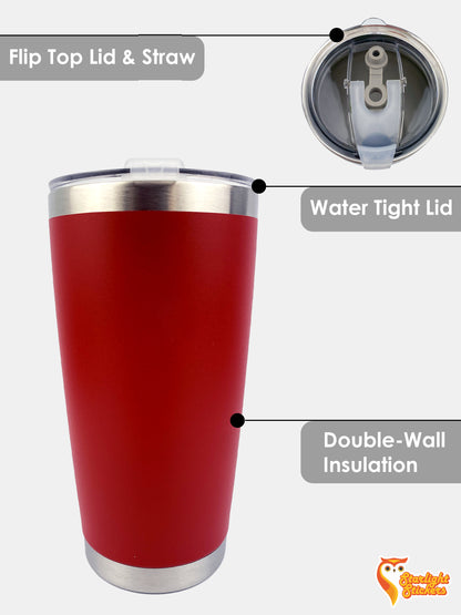 Showing features such as; flip top lid and straw, water tight lid, and double wall insulation. 