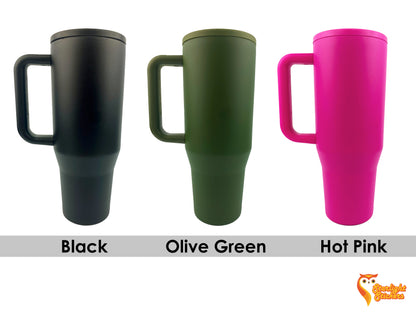 Black, olive green, and pink tumblers next to each other with a white background. 