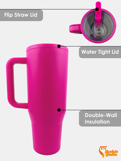 Tumbler details, featuring flip straw lid, water tight lid, and double wall insulation. 