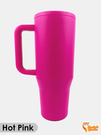 Hot pink tumbler with a white background. 